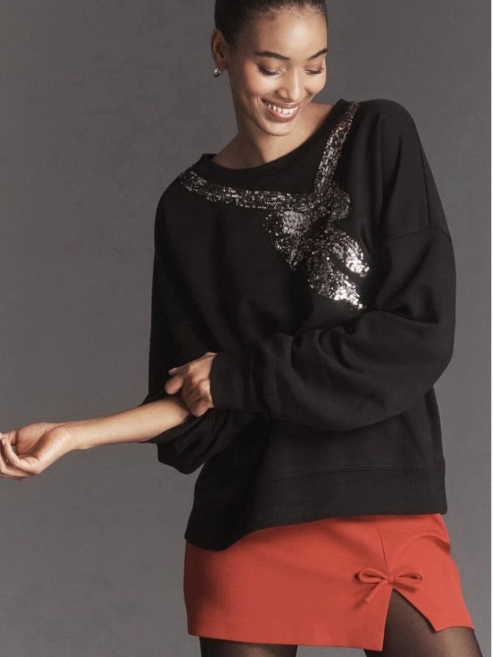 Maeve Women's Sequin Bow Sweatshirt Black Long Sleeve Size M NWT